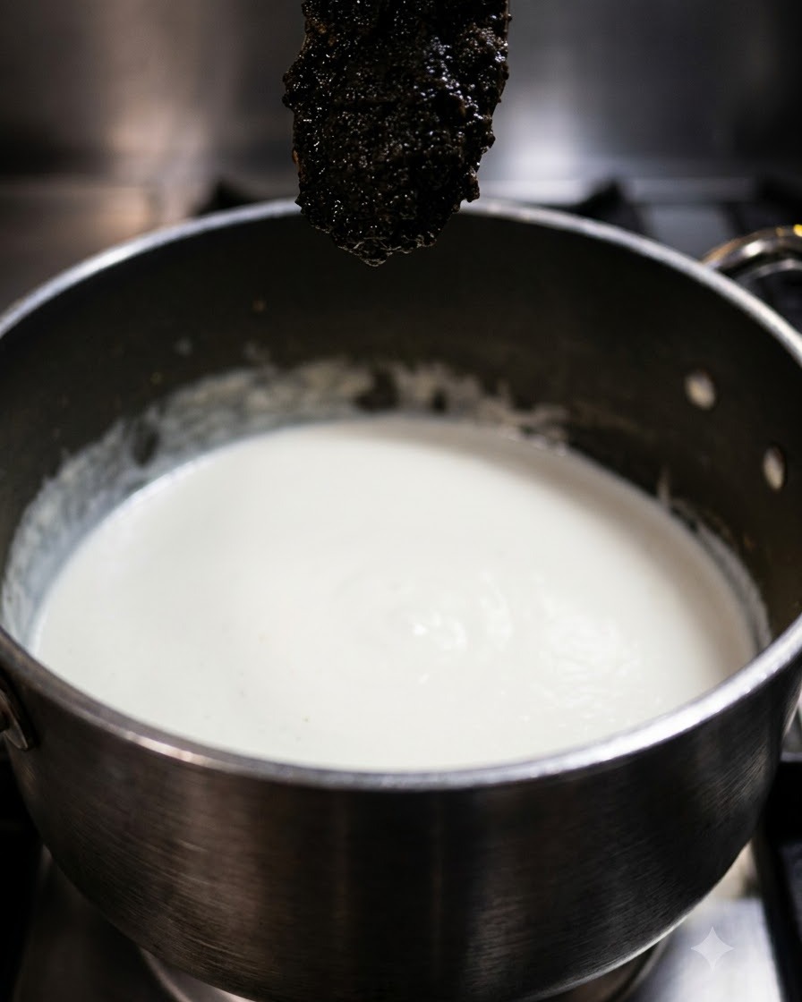 Une cuillère de pâte de truffe noire foncée maintenue au-dessus dune casserole de sauce blanche.