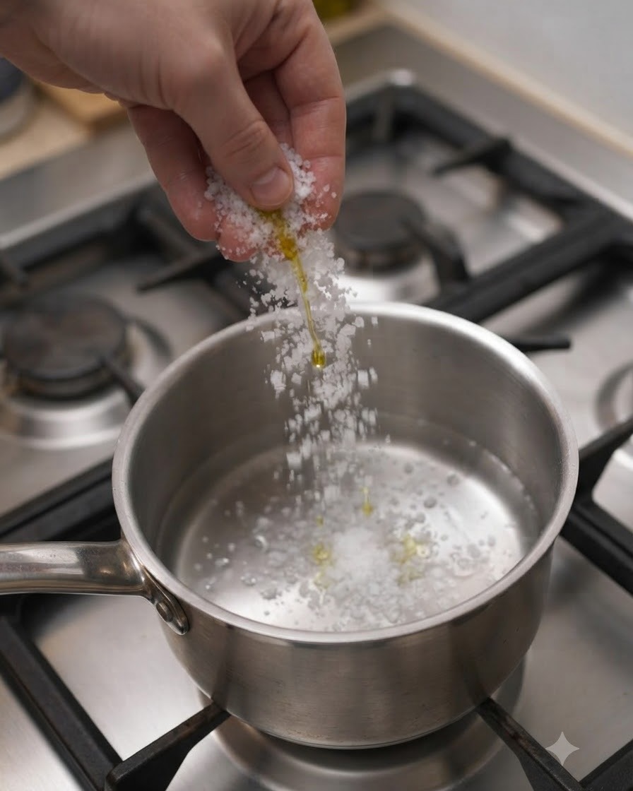 Du sel et de lhuile saupoudrés dans une casserole deau bouillante sur une cuisinière à gaz.