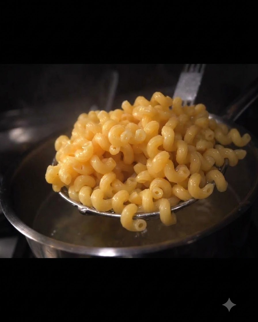 Une écissoire en maille remplie de macaronis cuits et brillants tenue au-dessus dune casserole deau.