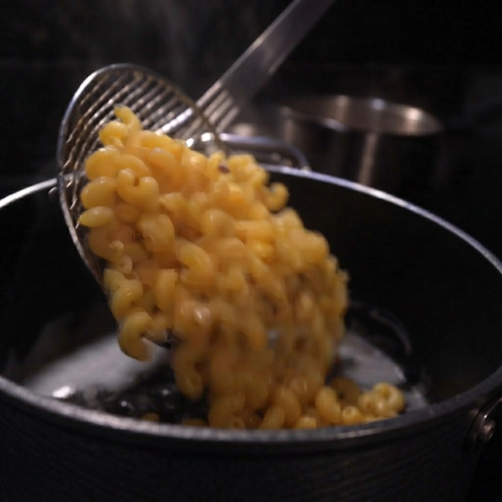 Des macaronis cuits versés dune passoire dans une casserole sombre remplie dune sauce épaisse.