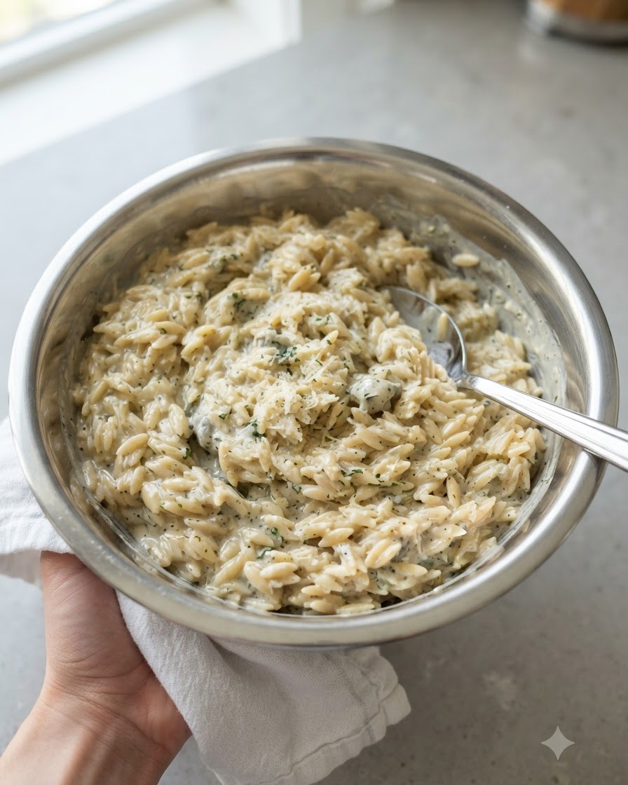 Une louche prélevant des macaronis crémeux dun bol mélangeur en acier inoxydable vers un plat à gratin.