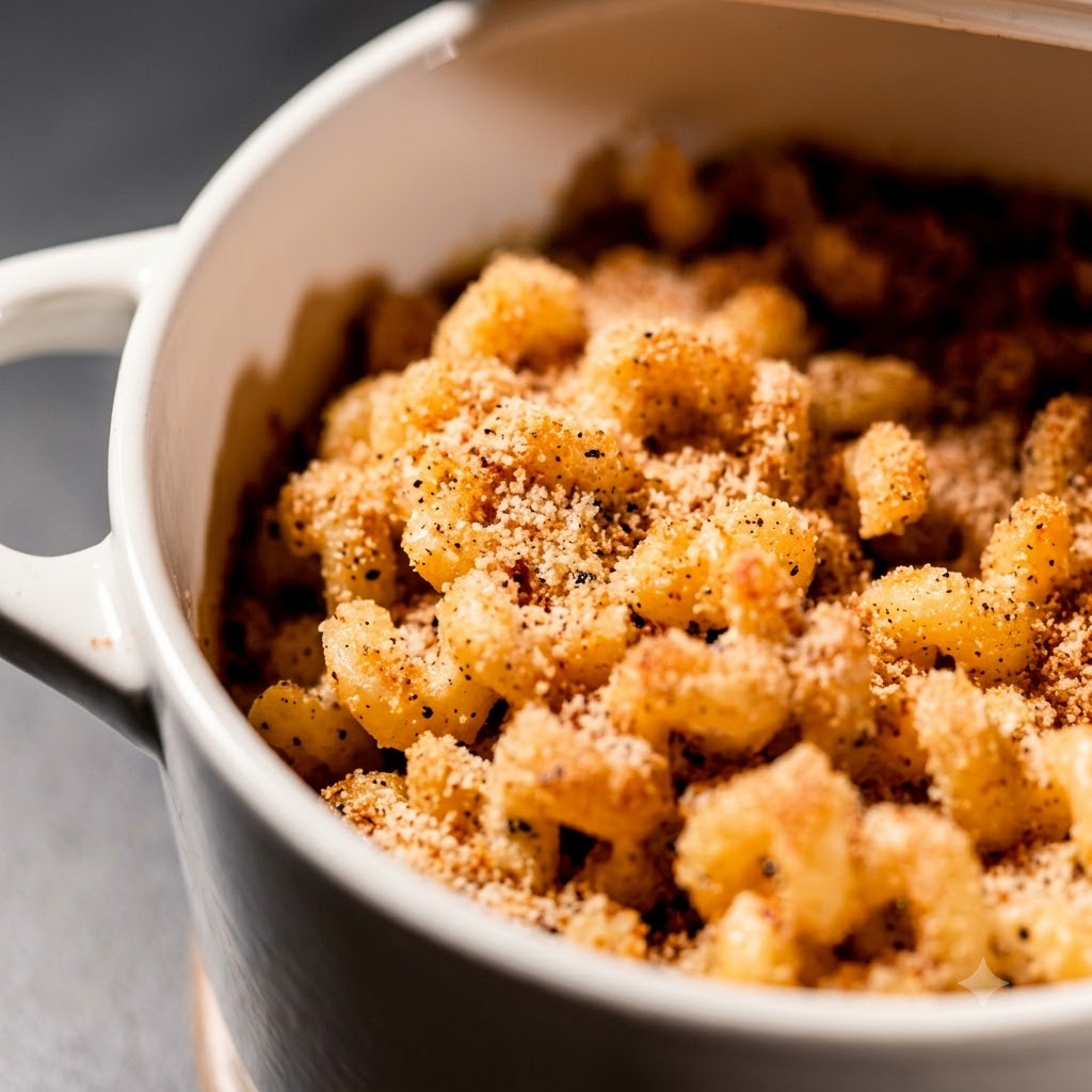 Un plat à gratin rempli de macaronis garnis de chapelure, prêts à être enfournés.