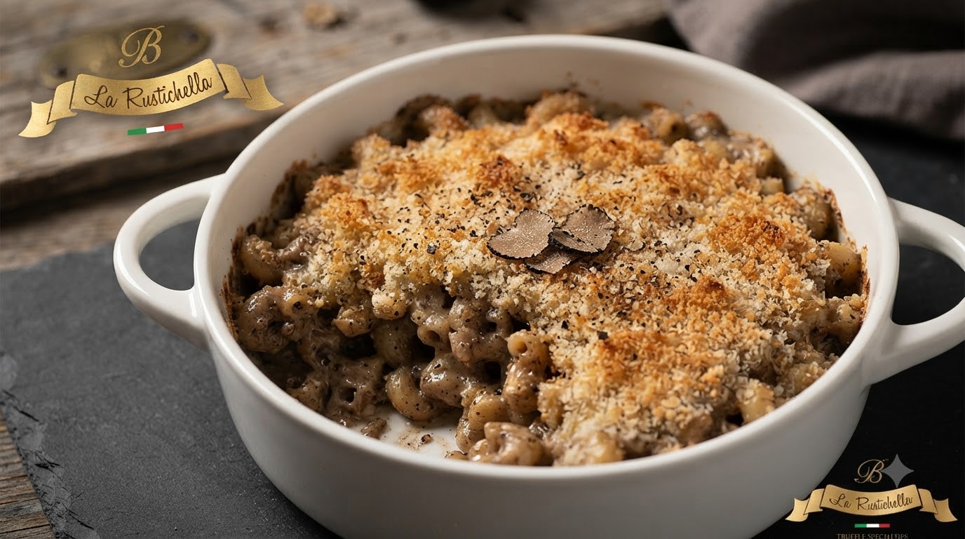 Macaronis au gratin aux truffes et au fromage dans un plat en céramique blanc avec une croûte de chapelure dorée et des tranches de truffe noire fraîche