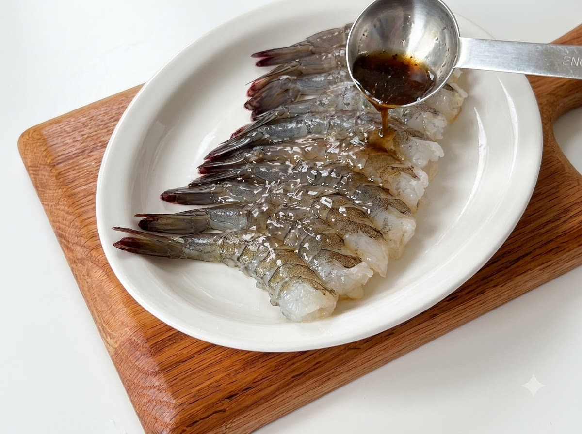 Du vin de cuisine versé à laide dune cuillère doseuse sur une rangée de crevettes crues disposées sur une assiette blanche.