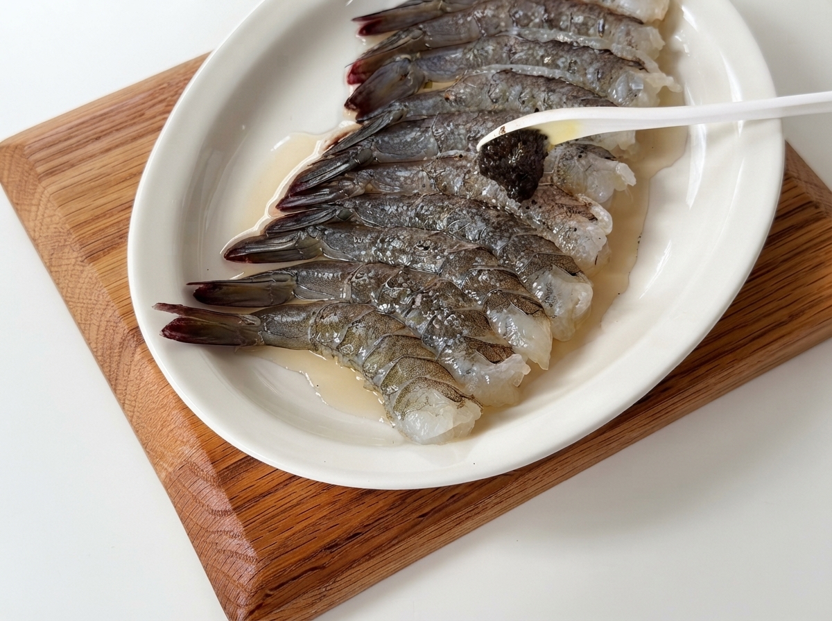 Une main gantée étalant de la pâte de truffe noire et du poivre noir sur les crevettes assaisonnées dans une assiette.
