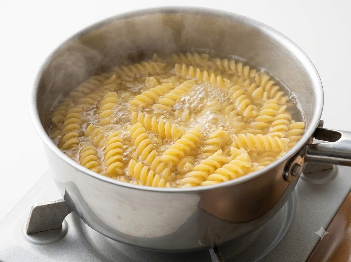 Pâtes fusilli en train de bouillir dans une casserole en acier inoxydable remplie deau chaude, avec de la vapeur séchappant à la surface.