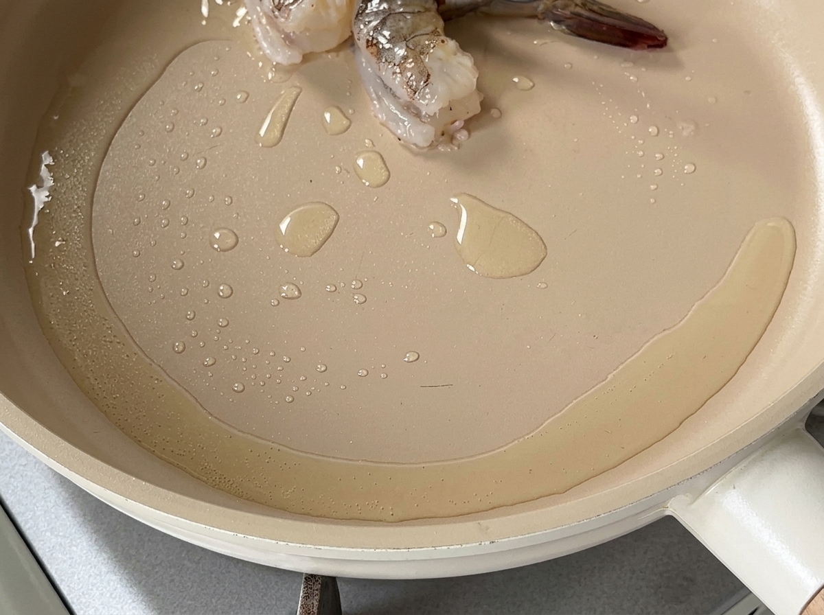 Huile chaude frémissant dans une poêle peu profonde avec quelques morceaux de crevettes qui commencent à cuire.
