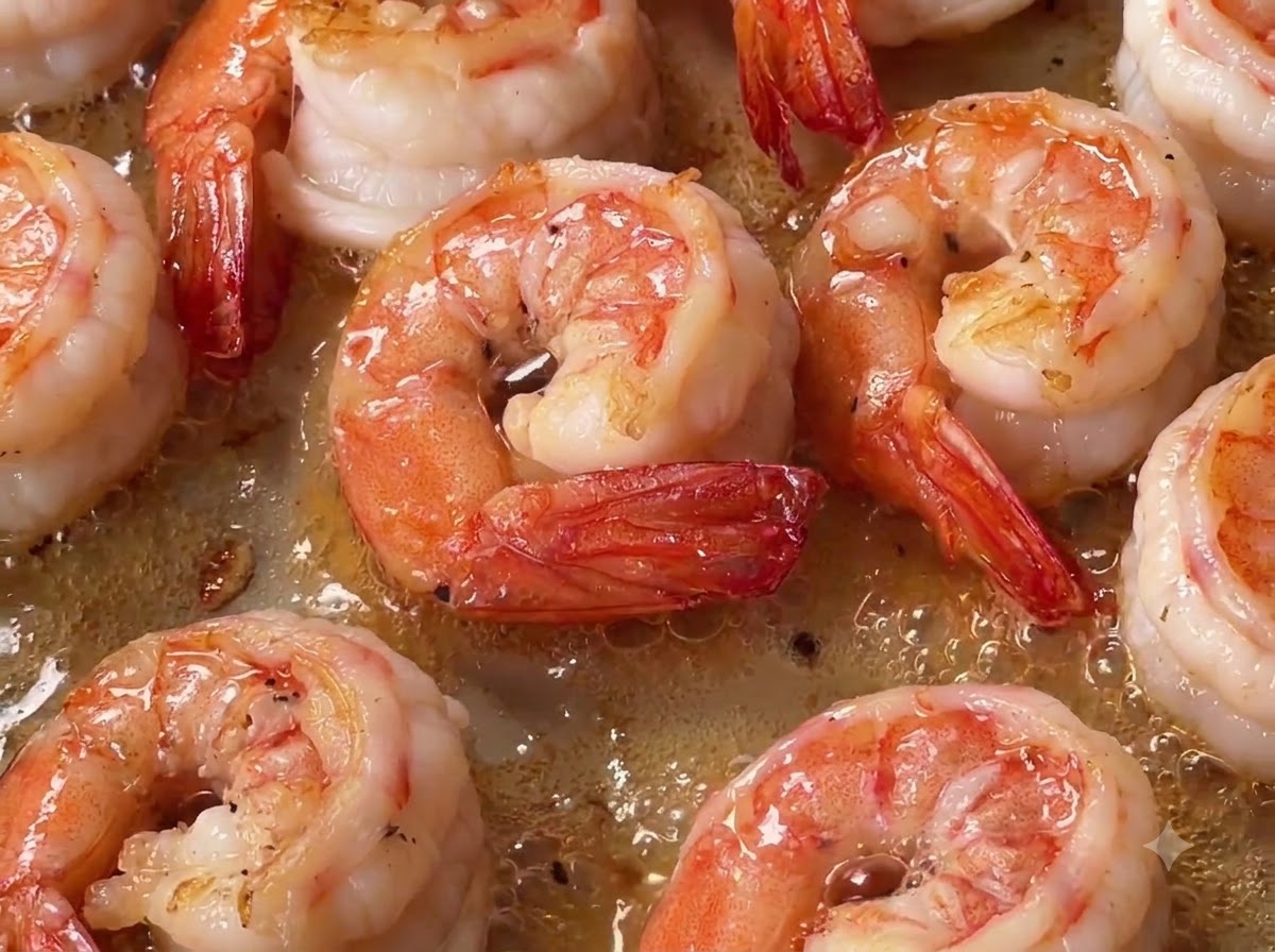 Pâtes fusilli cuites en train dêtre versées dans une poêle contenant des crevettes fraîchement sautées.