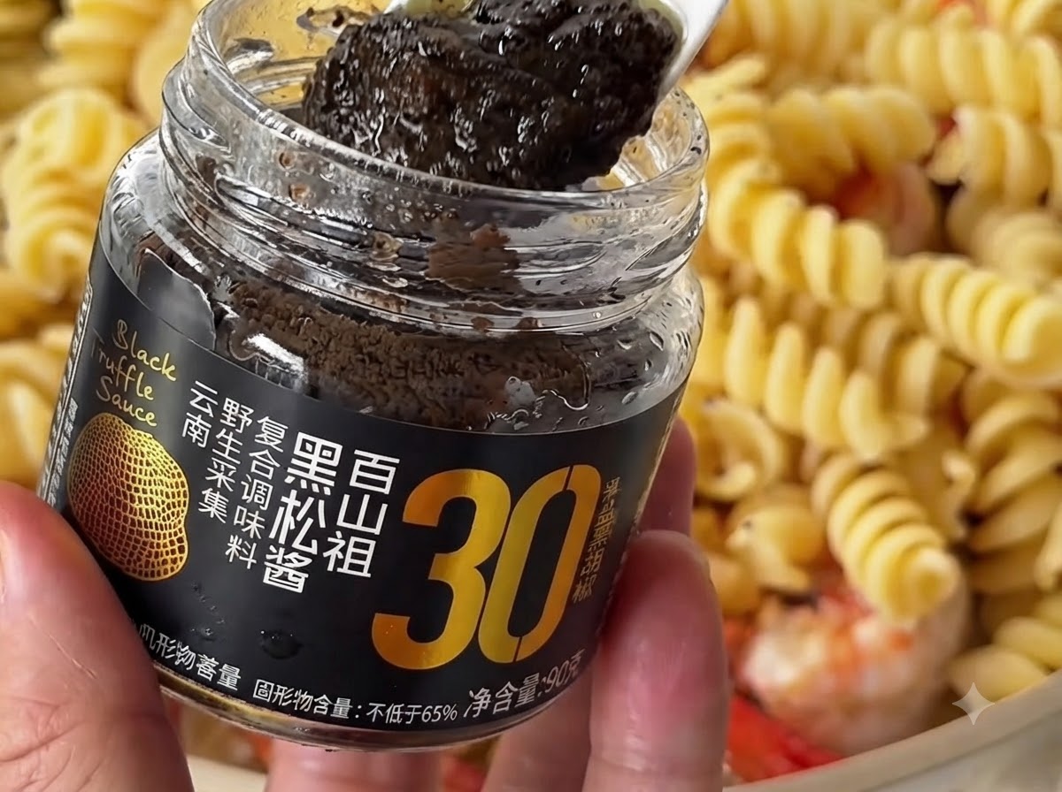 Une cuillère blanche contenant de la pâte de truffe noire au-dessus dun pot, avec le mélange de pâtes et de crevettes visible en arrière-plan.