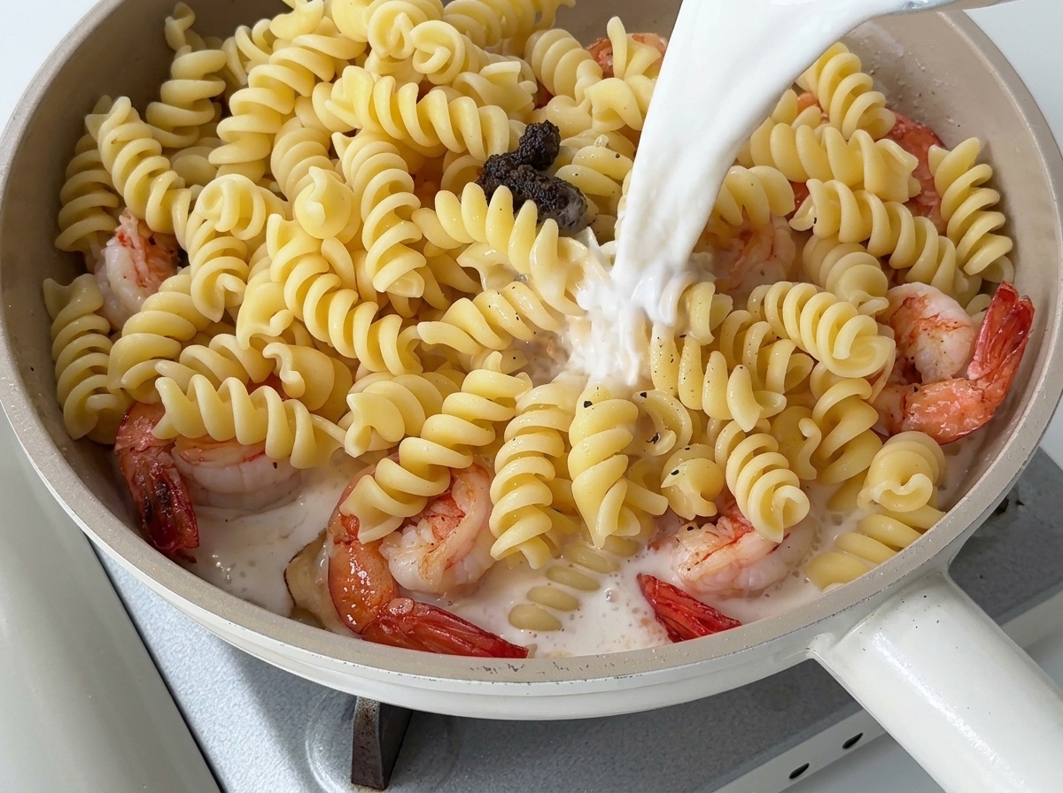 Du lait et de la crème fraîche versés depuis un pichet dans une poêle remplie de pâtes, de crevettes et de pâte de truffe.