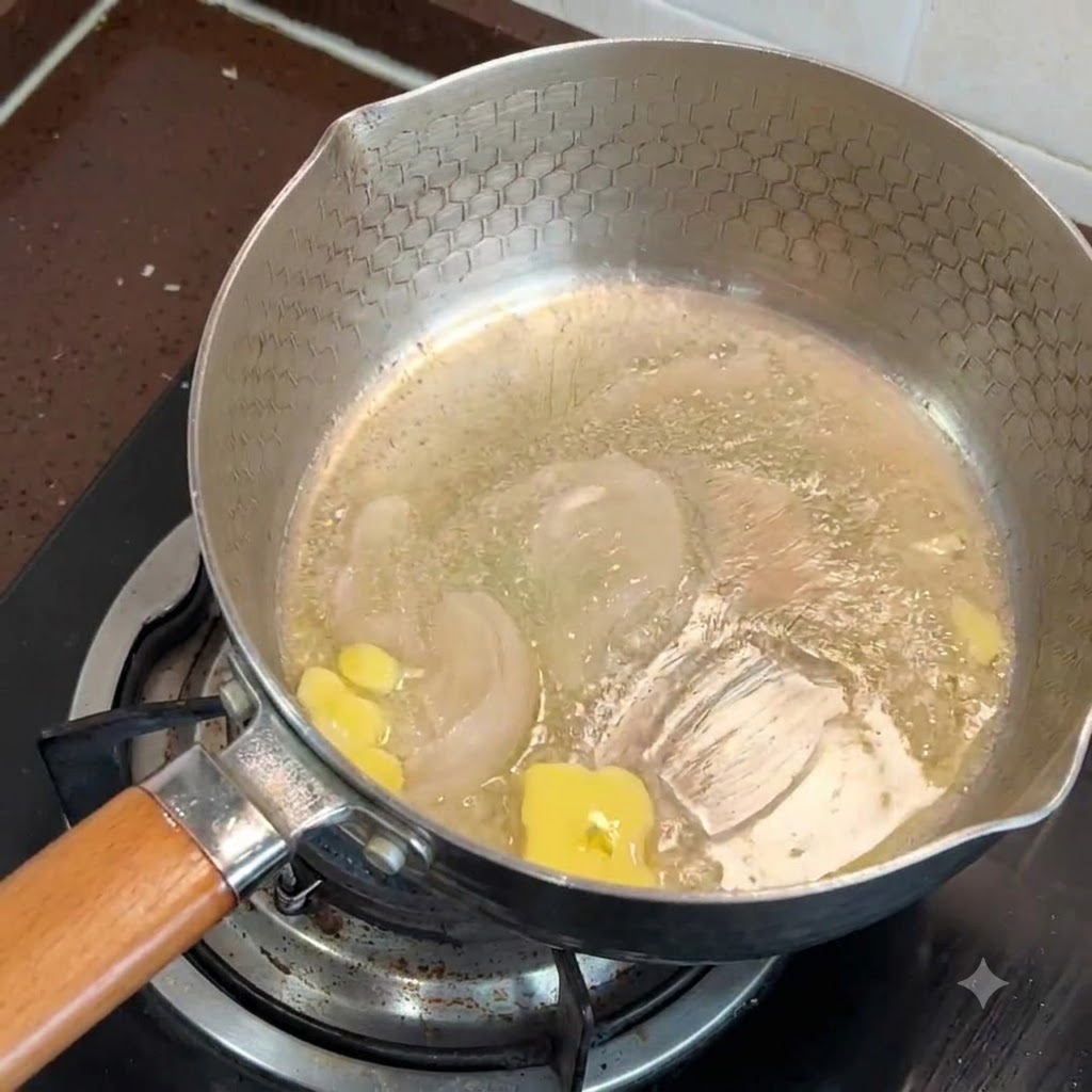 Un cube de beurre qui fond dans une poêle chaude sur la cuisinière.