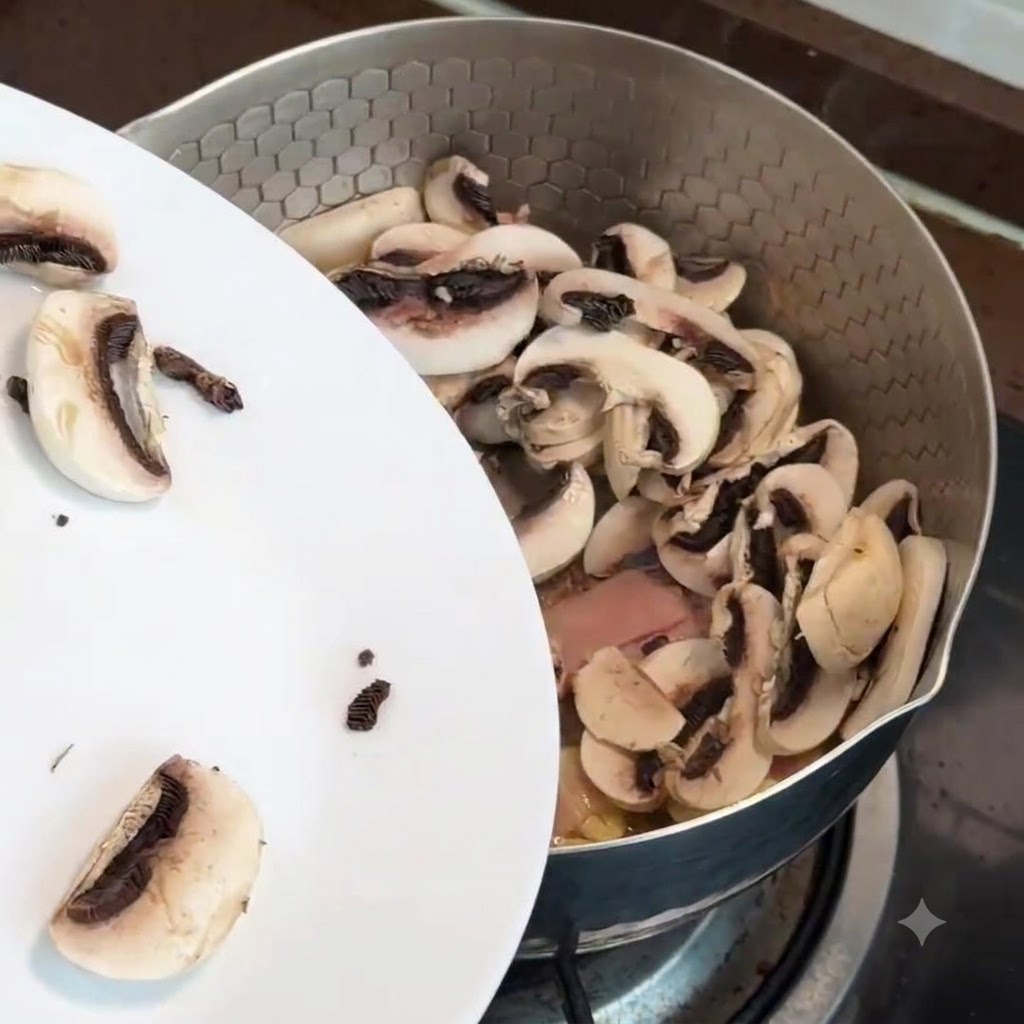 Des champignons tranchés versés dune assiette blanche dans une poêle contenant du bacon et de lail.