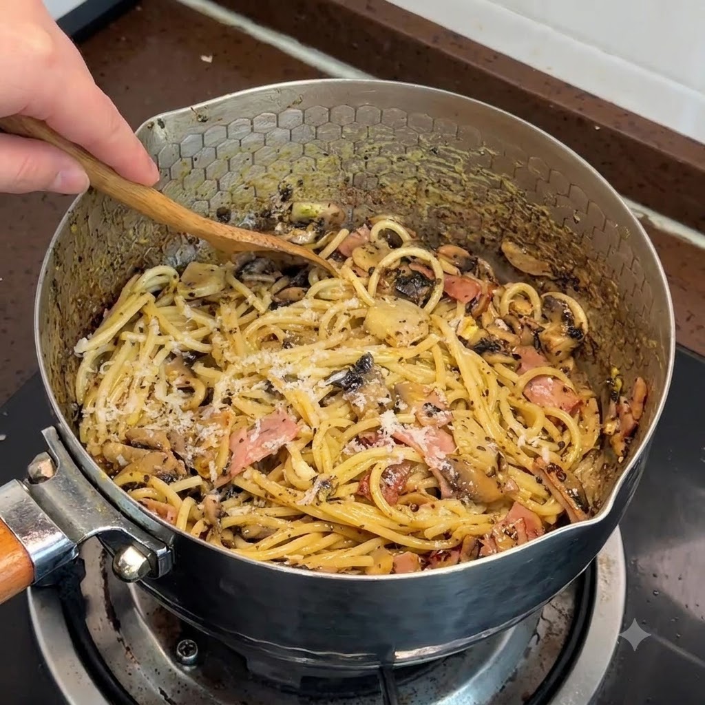 Du fromage frais râpé directement sur des pâtes chaudes mélangées avec des champignons et du bacon dans une casserole.