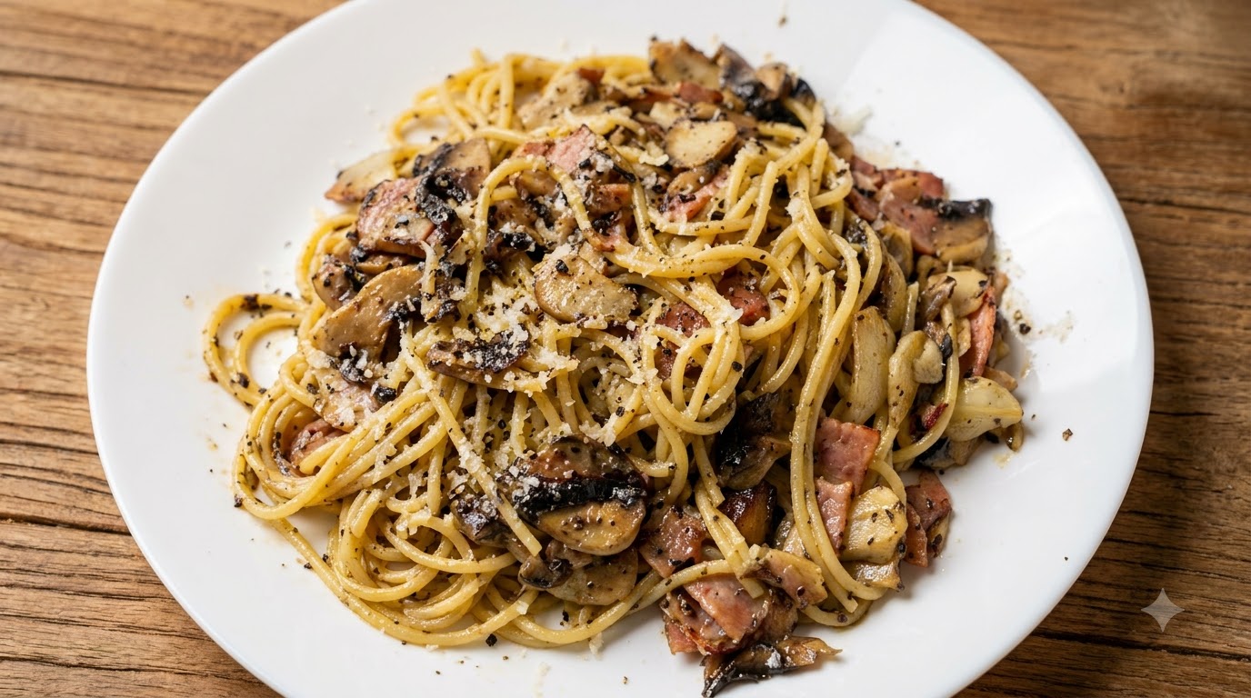 Pâtes à la Truffe Noire, Bacon et Champignons