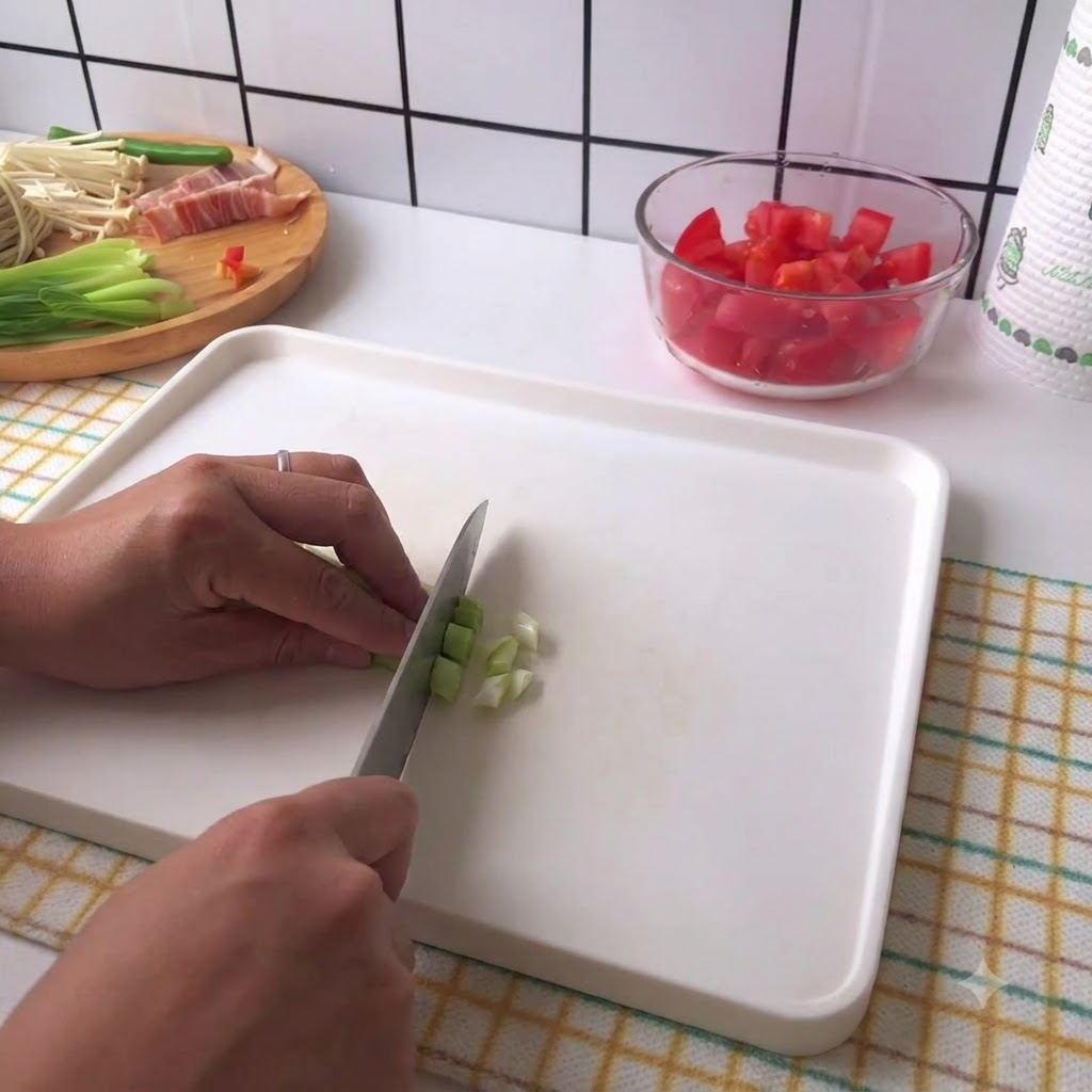 Mains coupant soigneusement des oignons verts sur une planche à découper blanche.