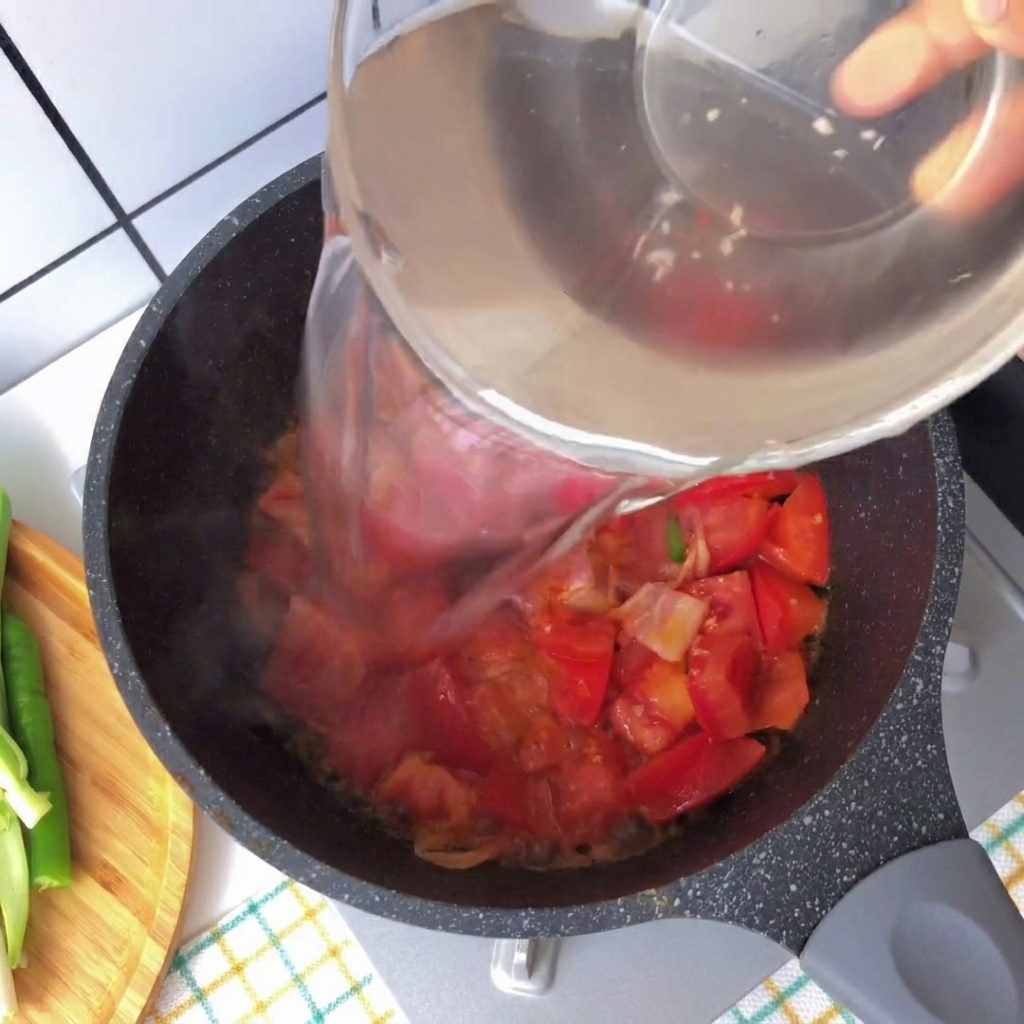 Eau claire versée dun bol en verre dans une casserole avec des tomates et du bacon.
