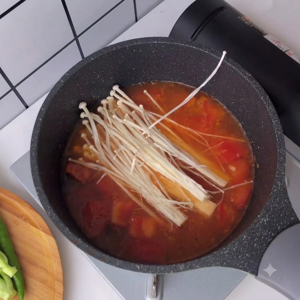 Champignons enoki frais placés dans un bouillon de tomates rouge bouillant.
