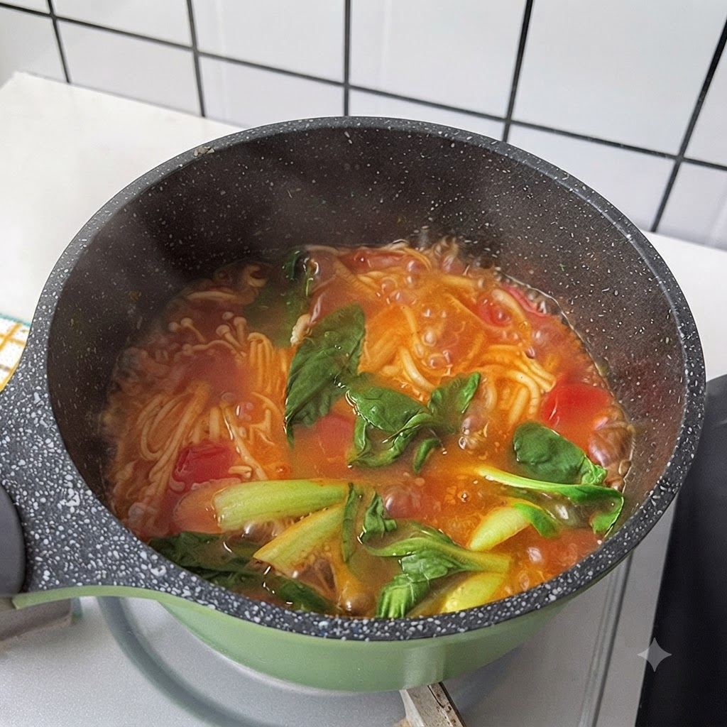 Feuilles de bok choy et coriandre se flétrissant dans une casserole de soupe de nouilles chaude.