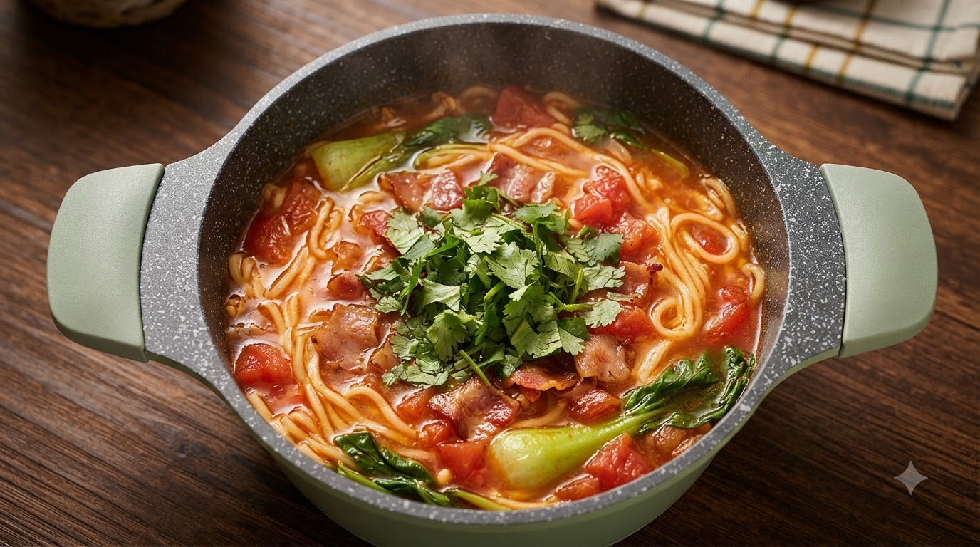 Soupe de Nouilles Rapide aux Tomates et Bacon