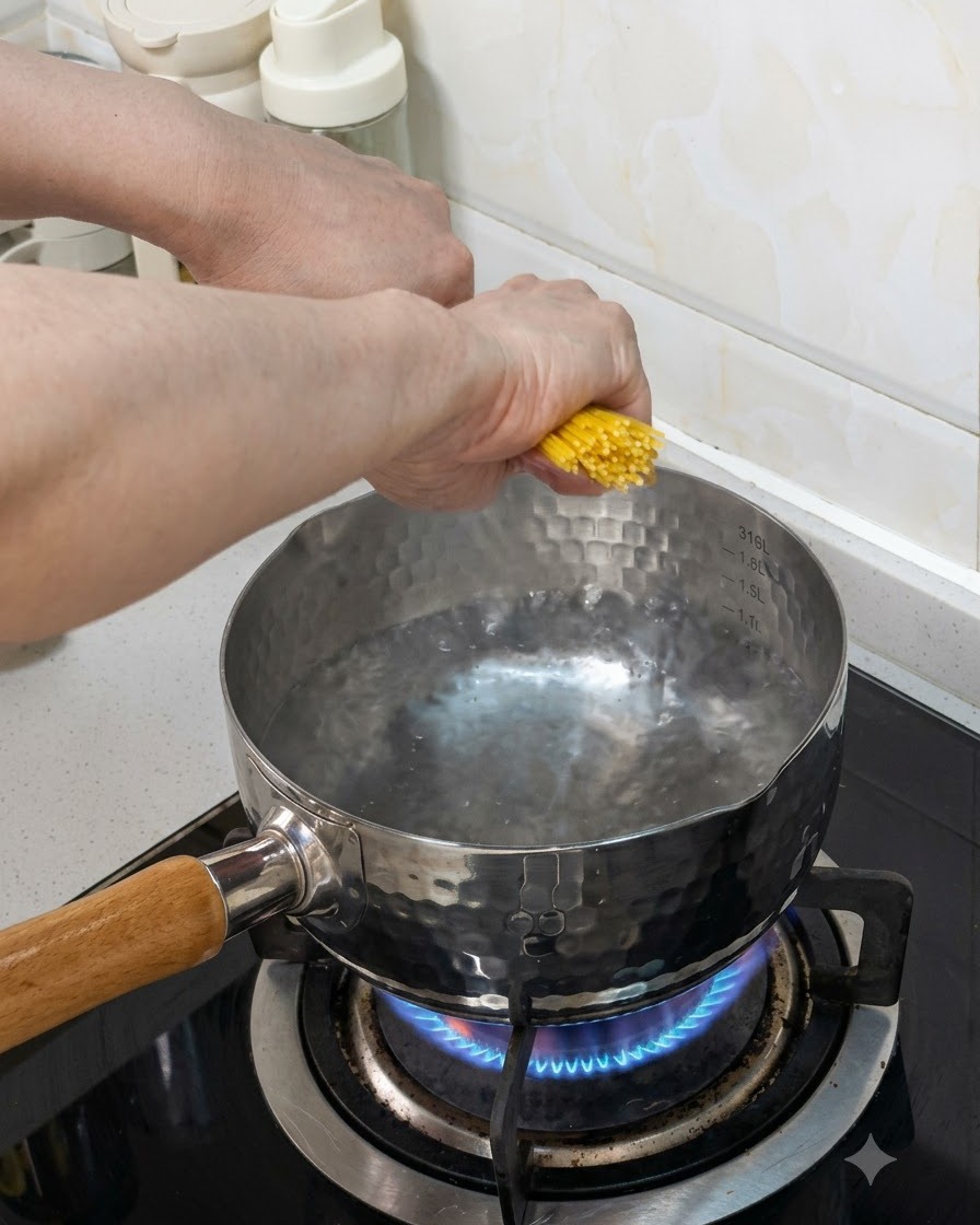 Une botte de spaghettis en train dêtre plongée dans une casserole deau bouillante sur une cuisinière à gaz.