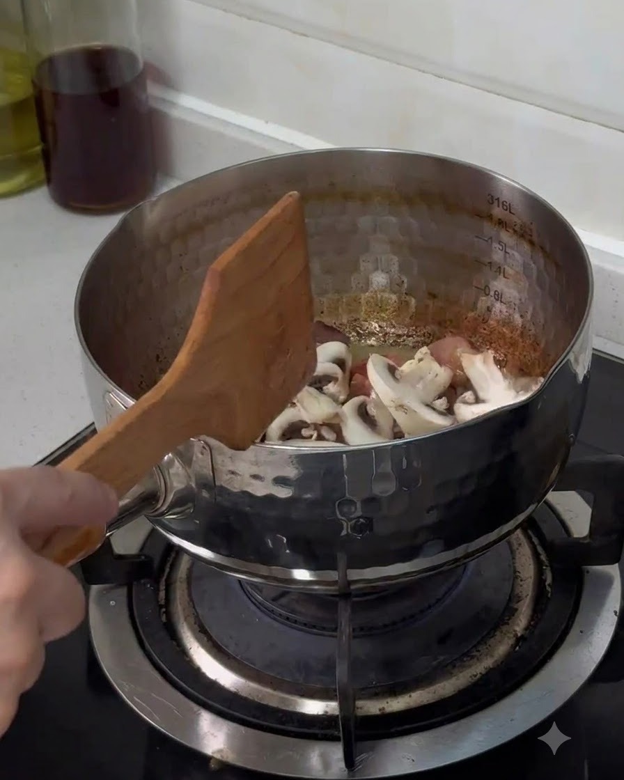 Des champignons de Paris fraîchement tranchés jetés dans la casserole en acier inoxydable et remués avec une spatule en bois.