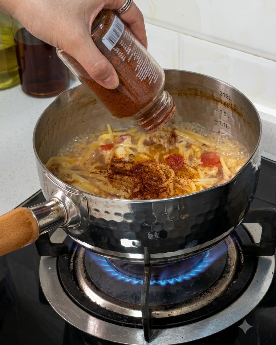 De la poudre dassaisonnement aux épices versée dun pot en verre dans une casserole de pâtes et de sauce frémissante.