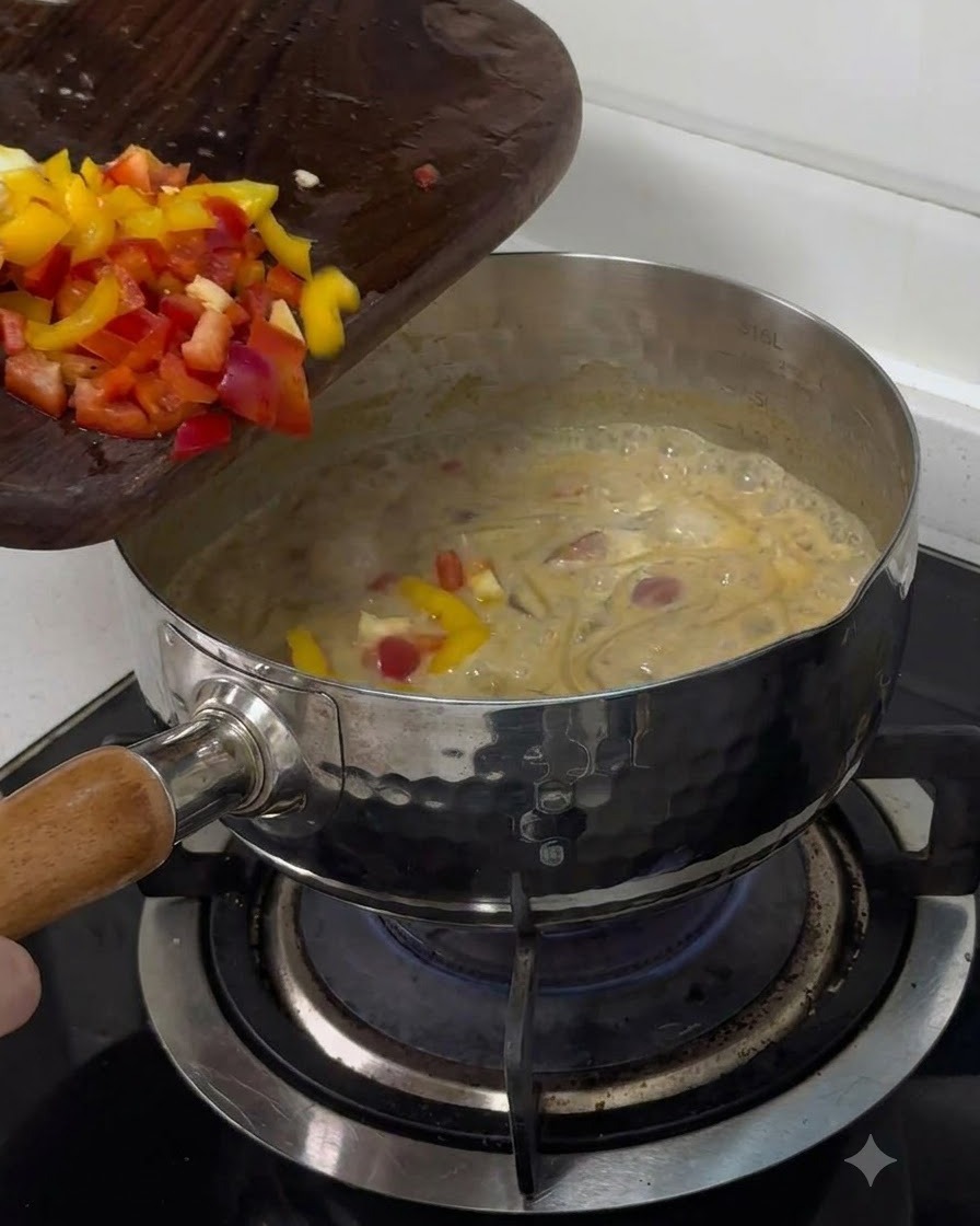 Des poivrons rouges et jaunes coupés en dés glissés dune planche à découper en bois dans une casserole de pâtes bouillonnante.