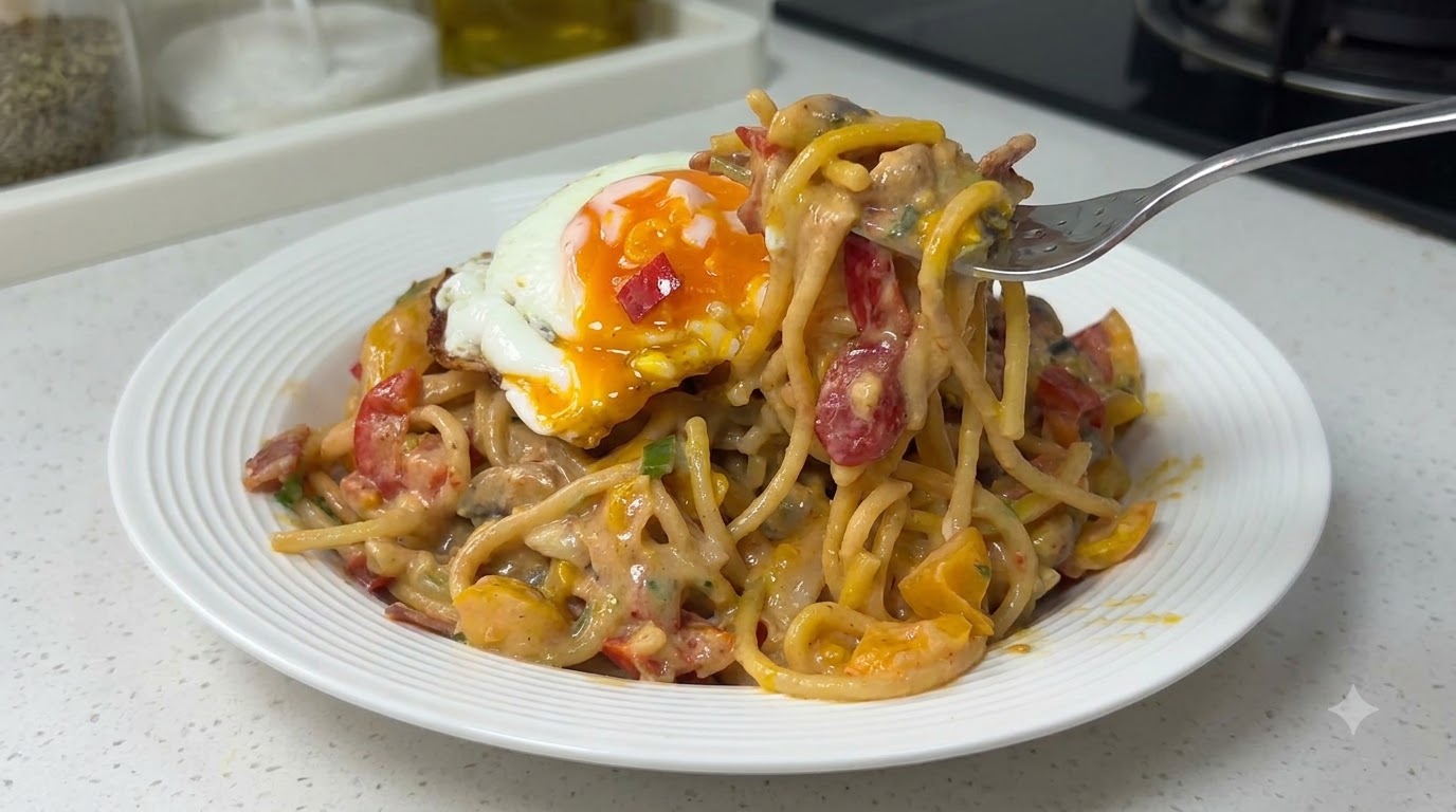 Pâtes Crémeuses au Bacon et Poivrons Colorés