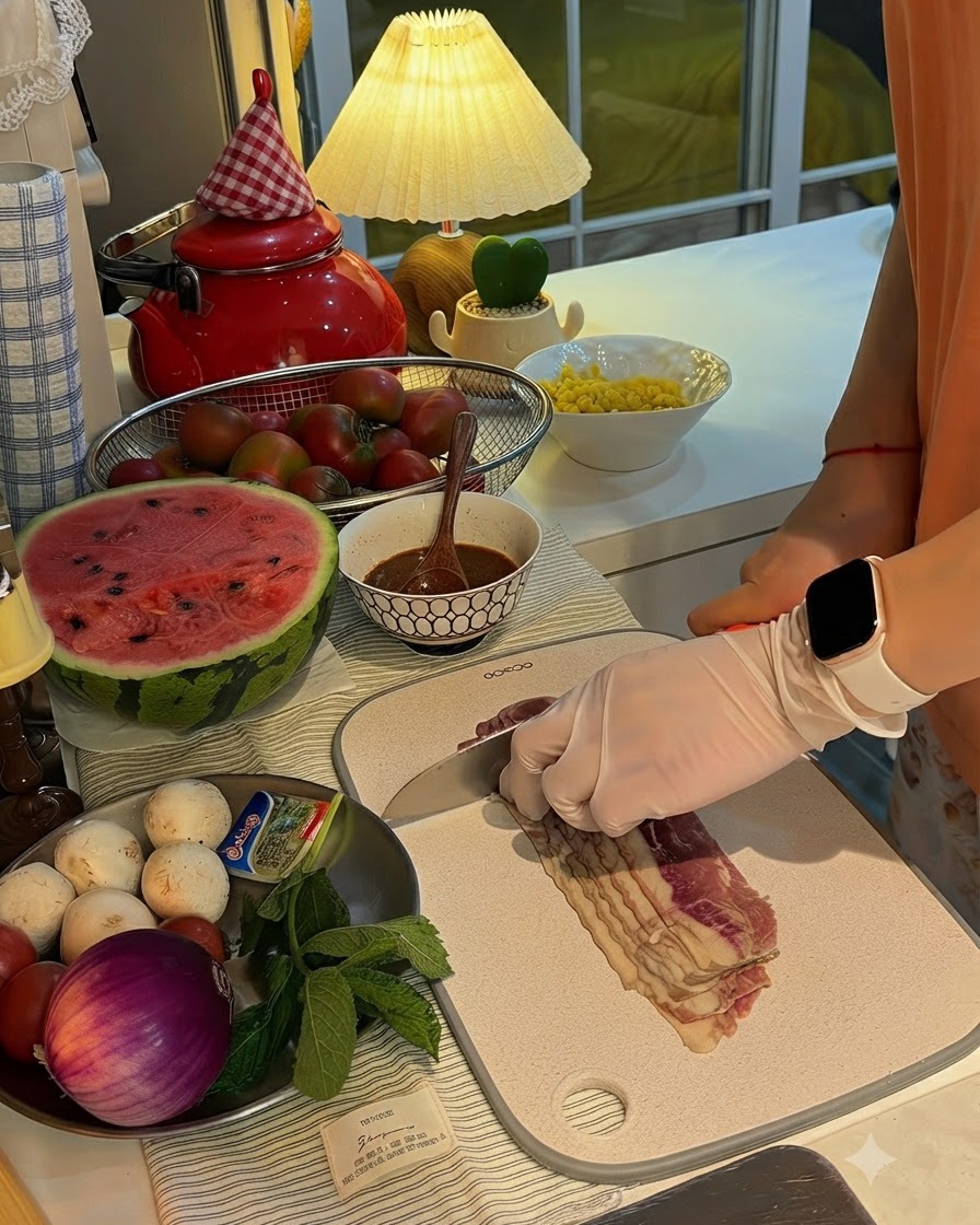 Tranches de bacon coupées en morceaux sur une planche à découper avec un couteau.