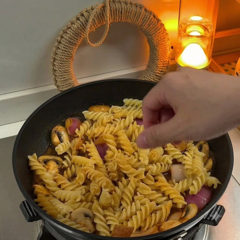 Tomates cerises coupées en deux et crème fraîche ajoutées dans la poêle de pâtes.