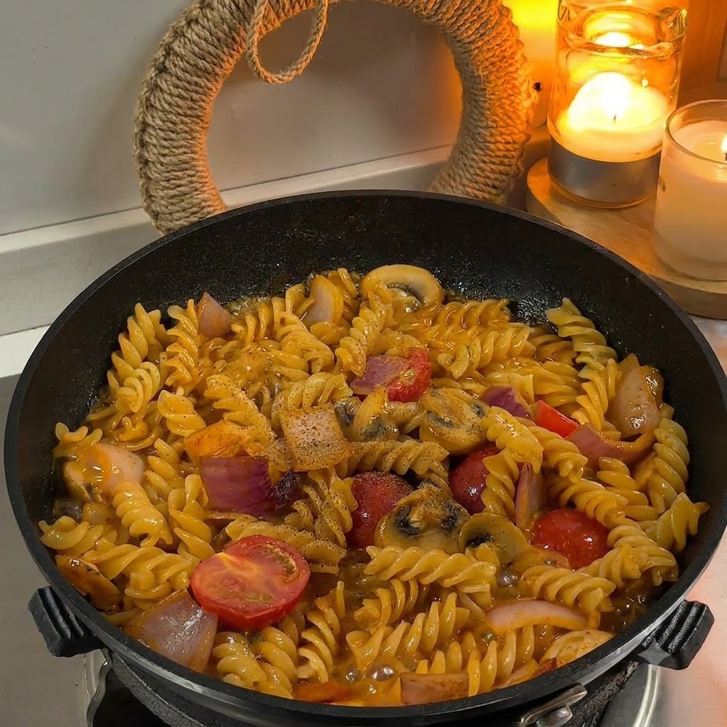 Poivre noir et persil séché saupoudrés sur les pâtes dans la poêle.