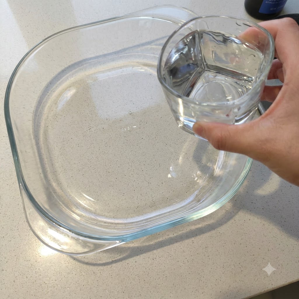 Une main versant de leau dun verre dans un grand bol de mélange en verre transparent.