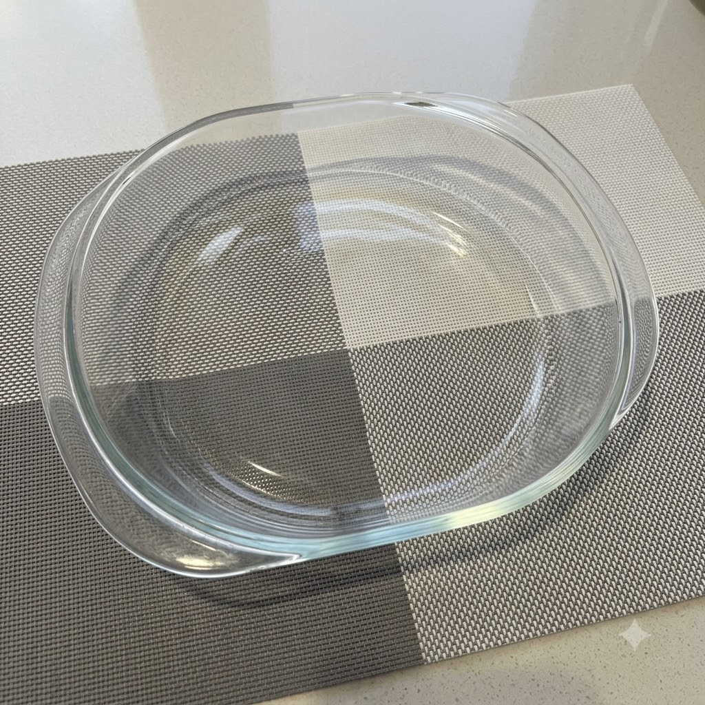 Bol à mélanger en verre vide posé sur un set de table à motifs.