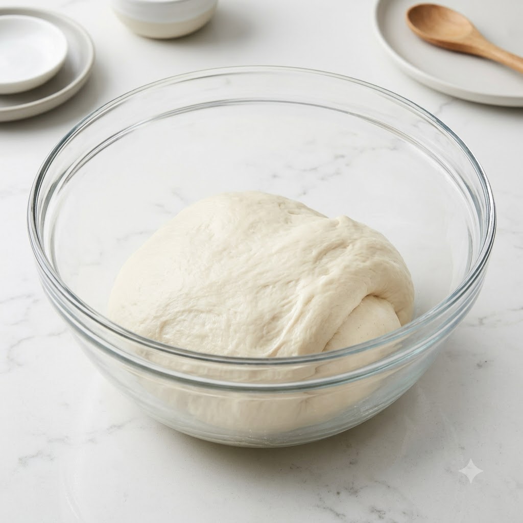 Une boule lisse de pâte à pizza reposant dans un bol en verre transparent sur un plan de travail en marbre.