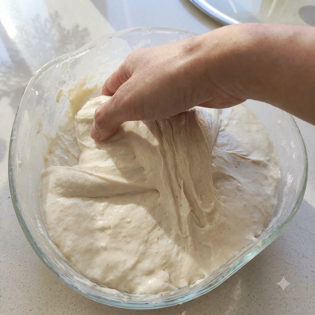 Une main attrapant et étirant vers le haut une portion de pâte à pizza fermentée dans un bol en verre.