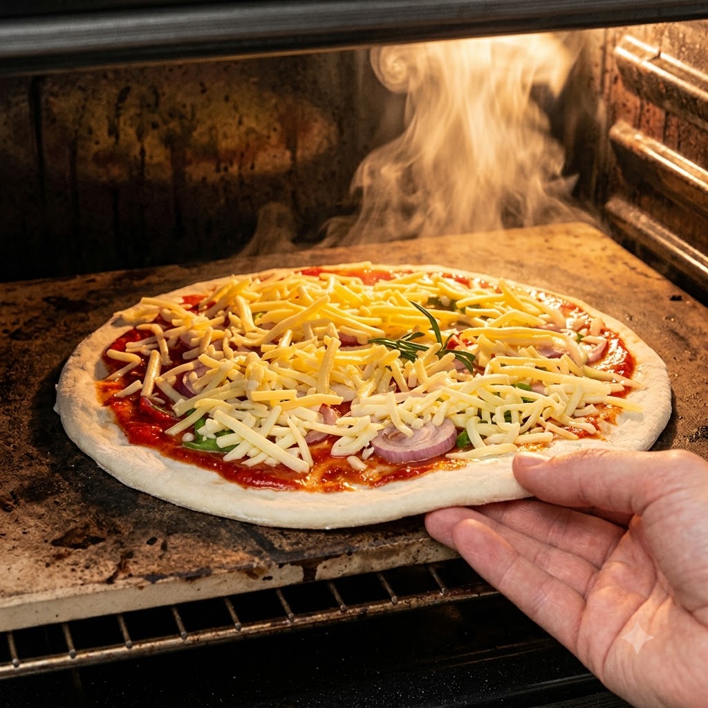 Une main glissant une pizza garnie et crue dans un four très chaud avec des flammes visibles en arrière-plan.