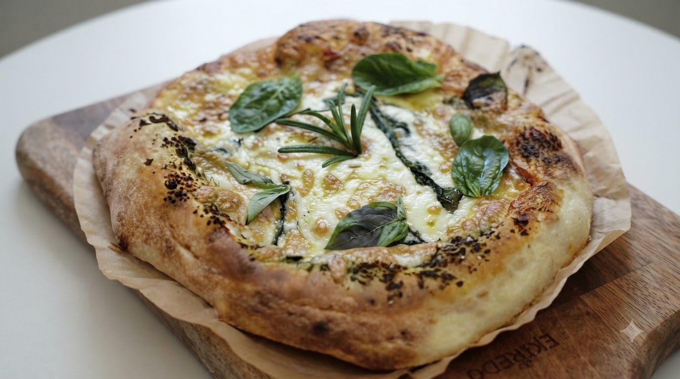 Une pizza au pesto fraîchement sortie du four sur une planche à découper en bois, garnie de basilic et de romarin frais.