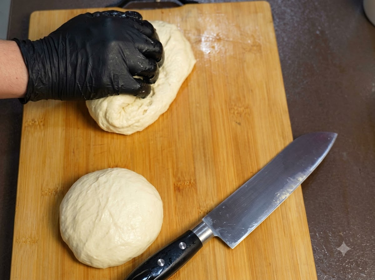 Une grande portion de pâte souple découpée en sections plus petites sur une planche à découper en bois à côté dun couteau de chef.