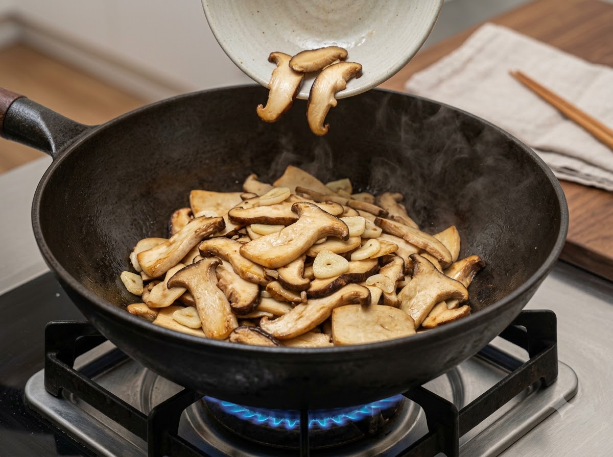 Champignons émincés versés dun petit bol dans un wok rempli dail grésillant.