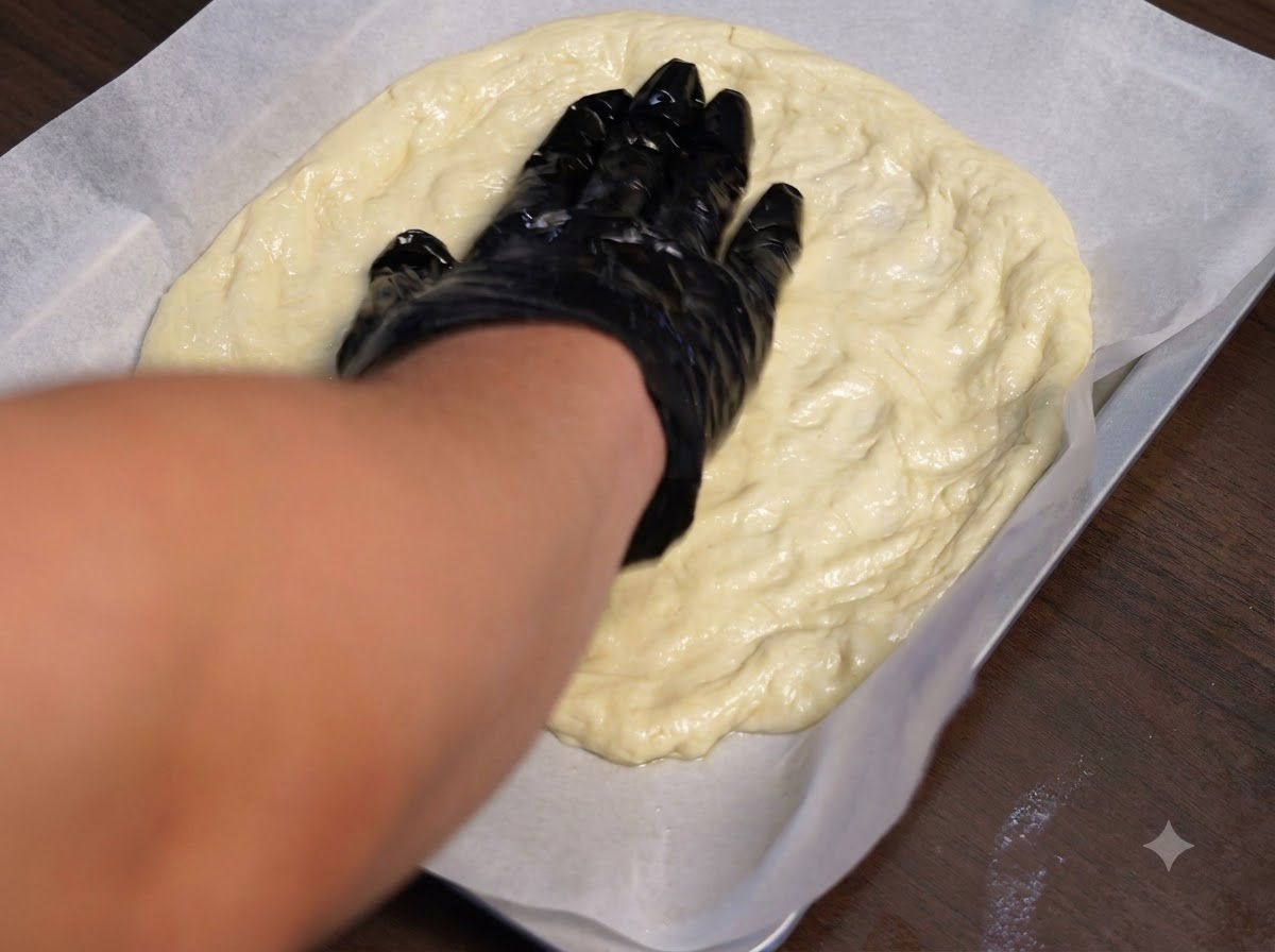 Fromage râpé dispersé sur une couche de pâte à pizza aplatie.
