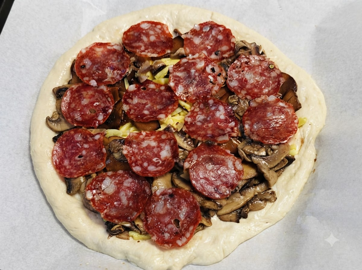 Pizza entièrement assemblée prête à être placée à lintérieur dun four chaud pour la cuisson.