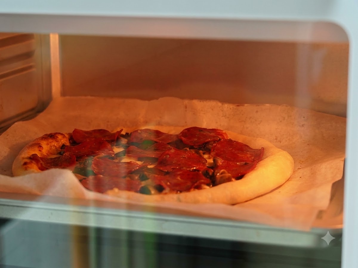 Vue rapprochée à travers la porte vitrée dun four montrant une pizza partiellement cuite garnie de fromage râpé supplémentaire.