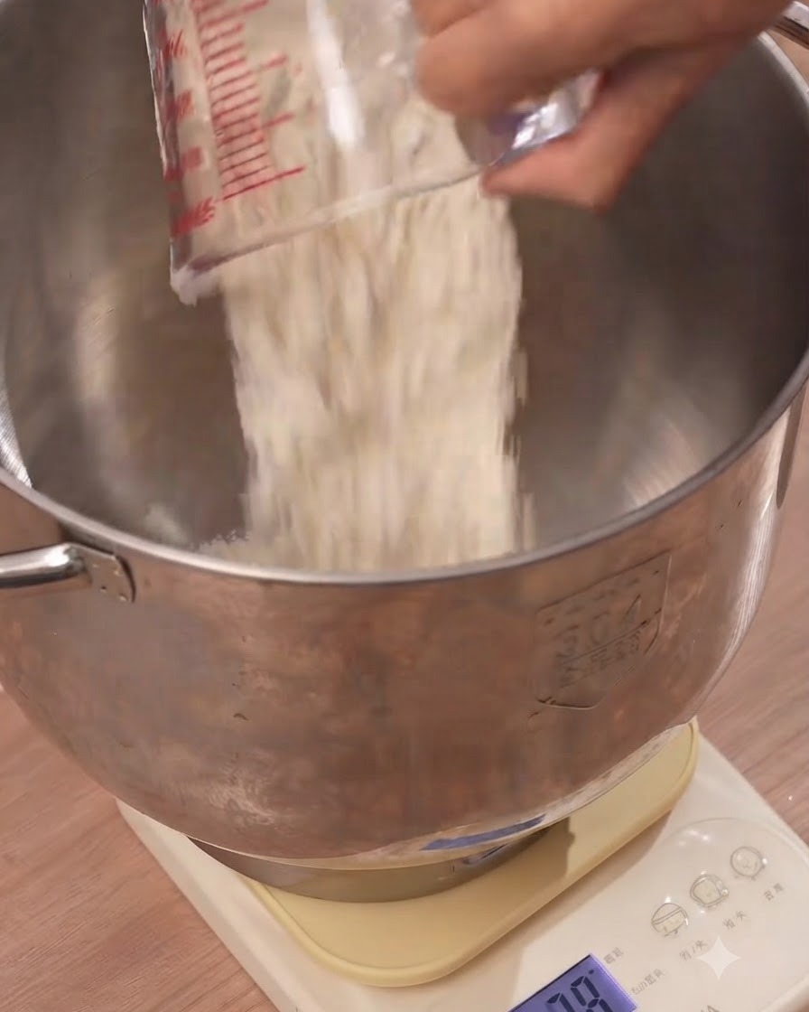 De la farine blanche pour pizza versée dune tasse à mesurer dans un grand bol mélangeur en métal.