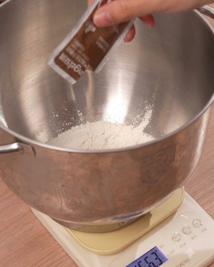 De la levure sèche active versée dun petit sachet dans le mélange de farine à lintérieur dun bol en métal.