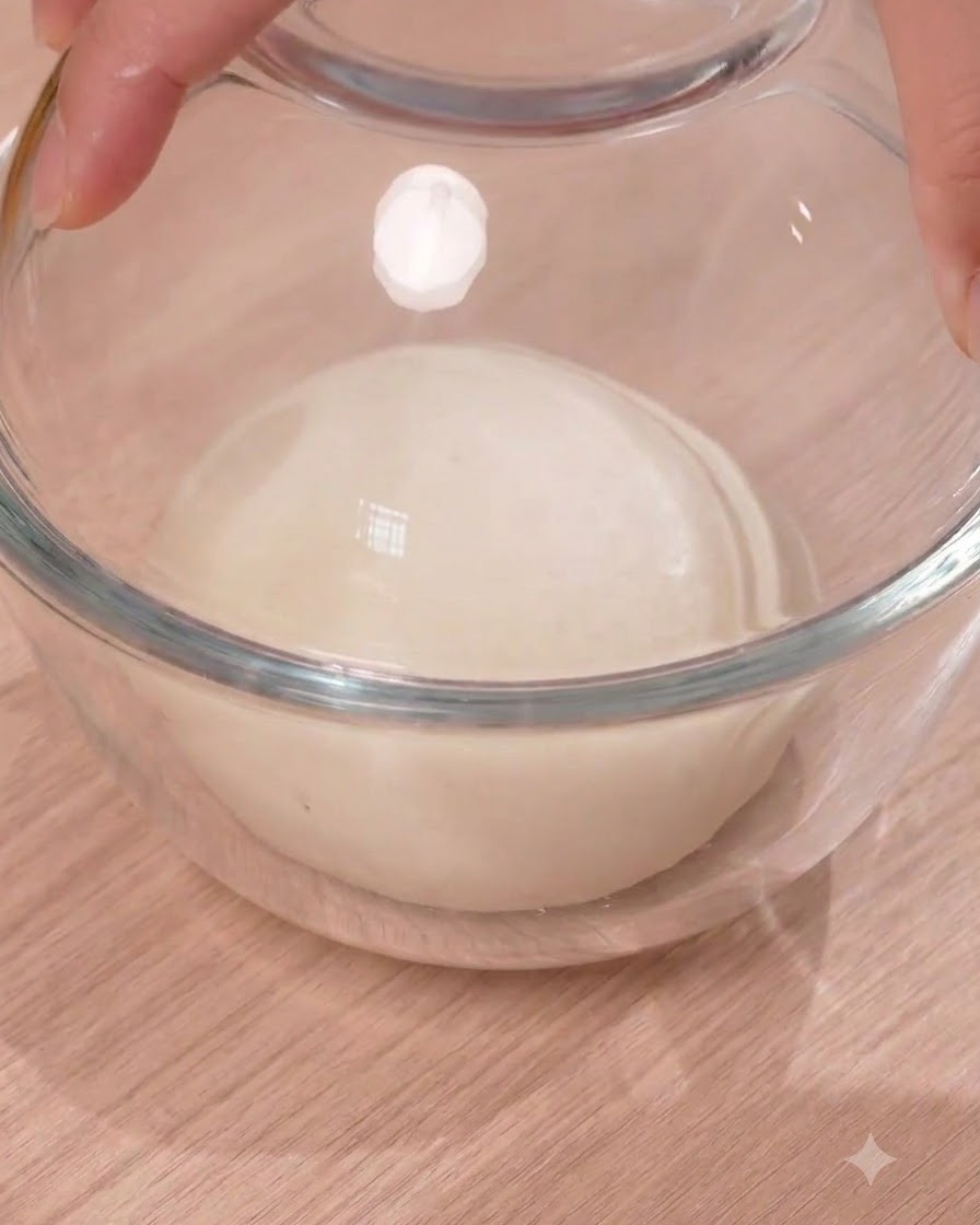 Une boule de pâte arrondie reposant à lintérieur dun bol en verre recouvert dun couvercle transparent.