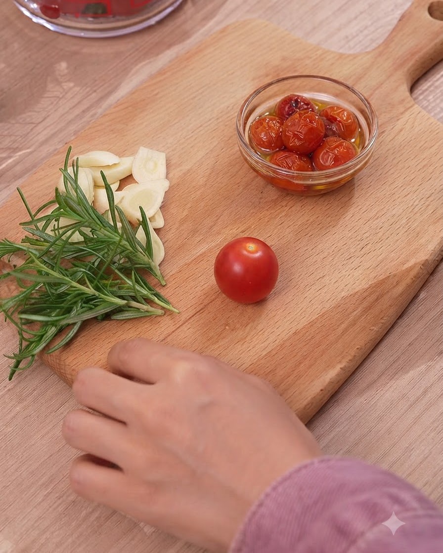 Des tomates cerises fraîches, de lail et du romarin disposés sur une planche à découper en bois à côté dun bol de tomates assaisonnées.