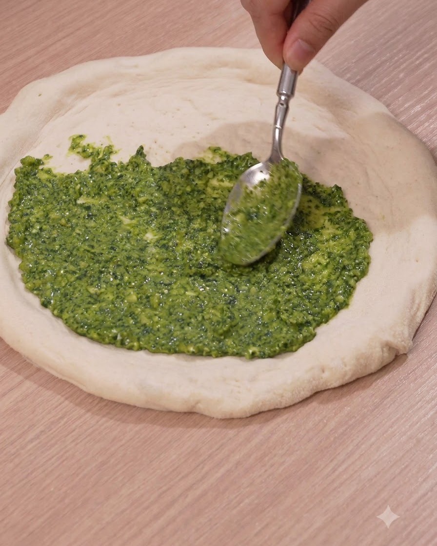 Une cuillère étalant uniformément de la sauce pesto vert vif sur le centre dune pâte à pizza ronde et crue.