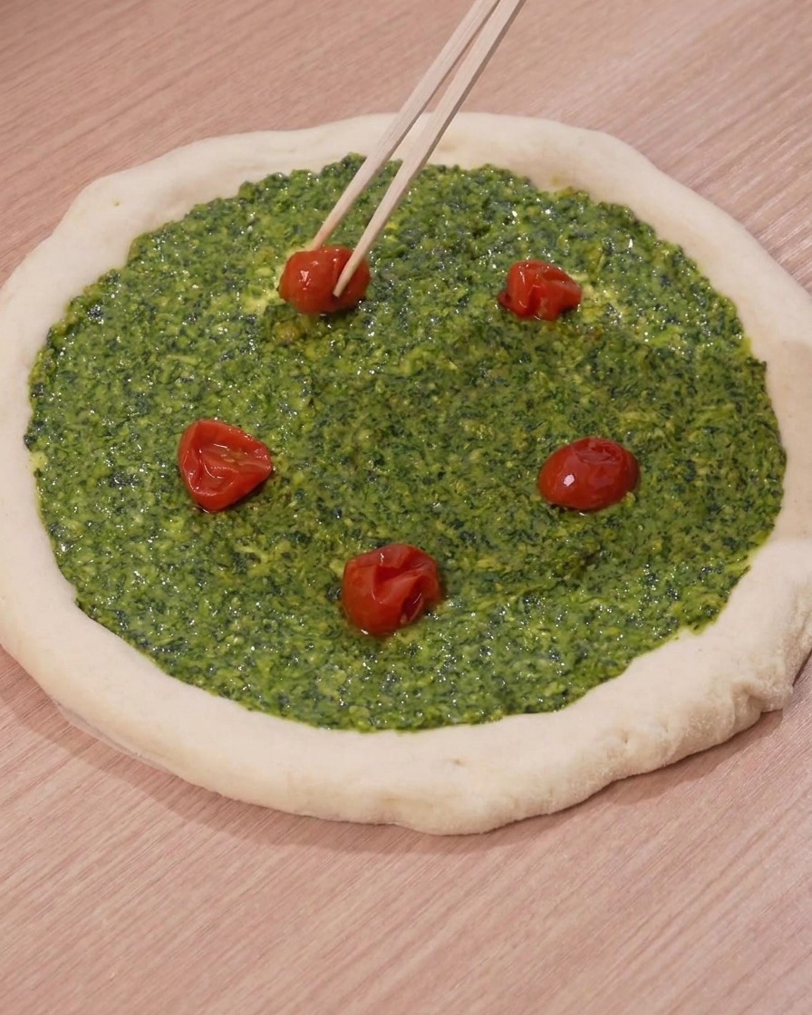 Des baguettes plaçant des moitiés de tomates cerises rôties sur la base de pesto vert dune pâte à pizza.