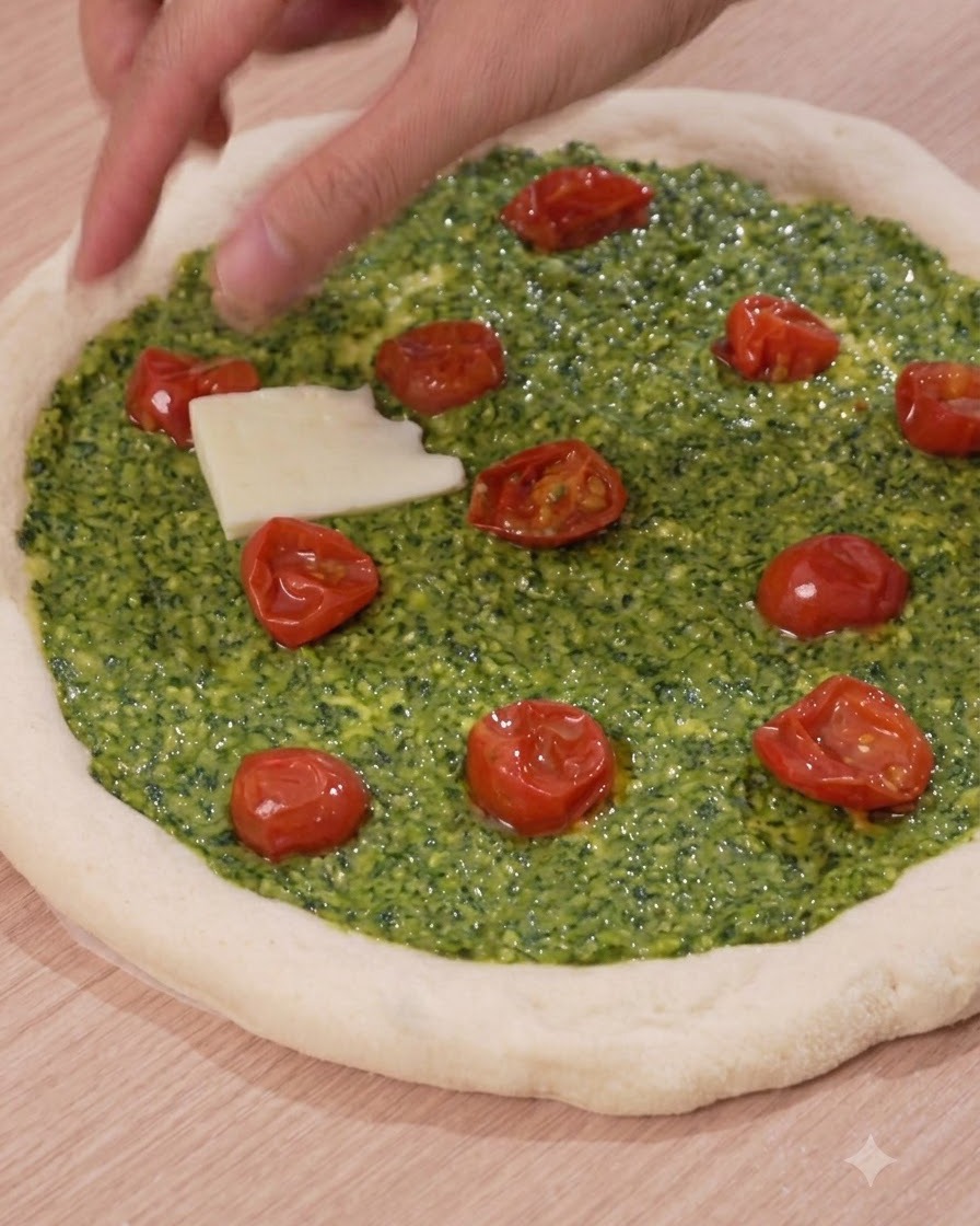 De épaisses tranches blanches de fromage mozzarella placées sur la base de pizza au pesto et aux tomates.