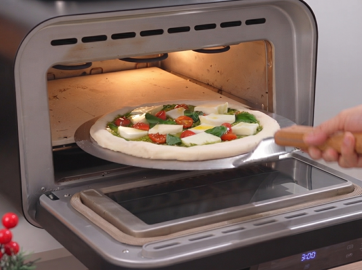 Une pizza crue entièrement assemblée glissant dune pelle vers lintérieur incandescent dun four à pizza chaud.